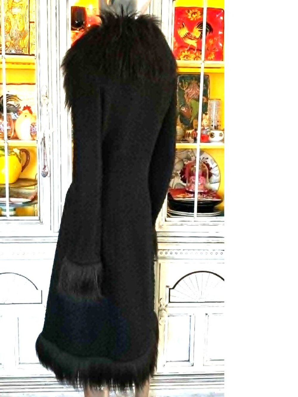 Vintage Betsey Johnson New York 90s Black Faux Fur Long Midi Duster Coat Jacket - Picture 11 of 16